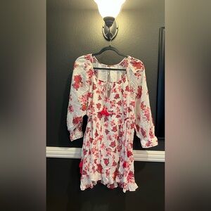 Free People Women’s Ivory Floral Long Sleeve Boho Peasant Babydoll Midi Dress M